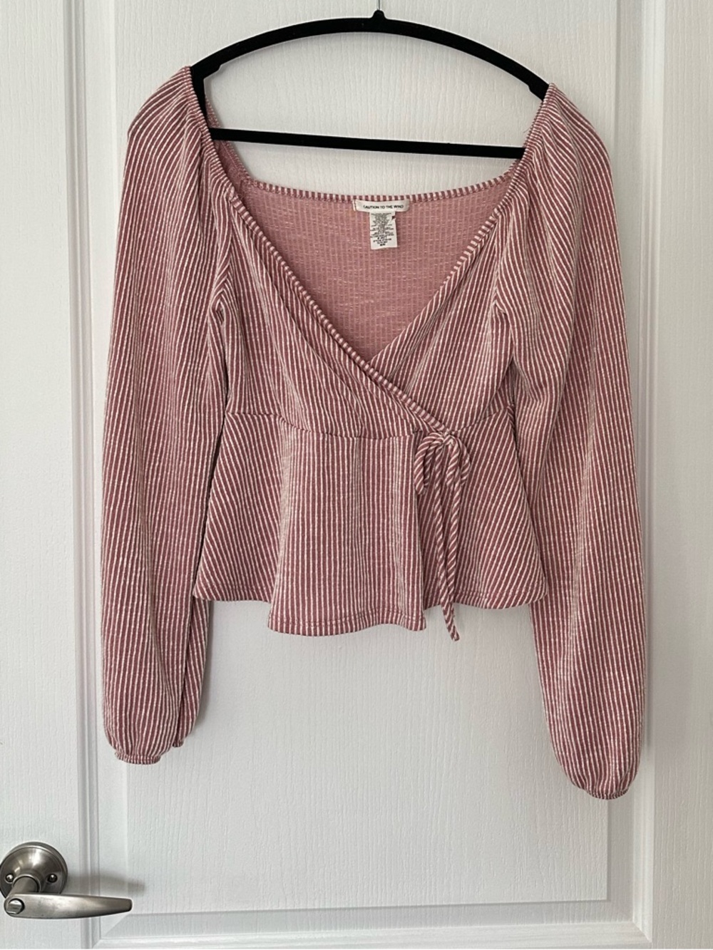 Muted Rust & White Ribbed Knit Peplum Wrap Top Balloon Sleeves Flowy Boho Chic